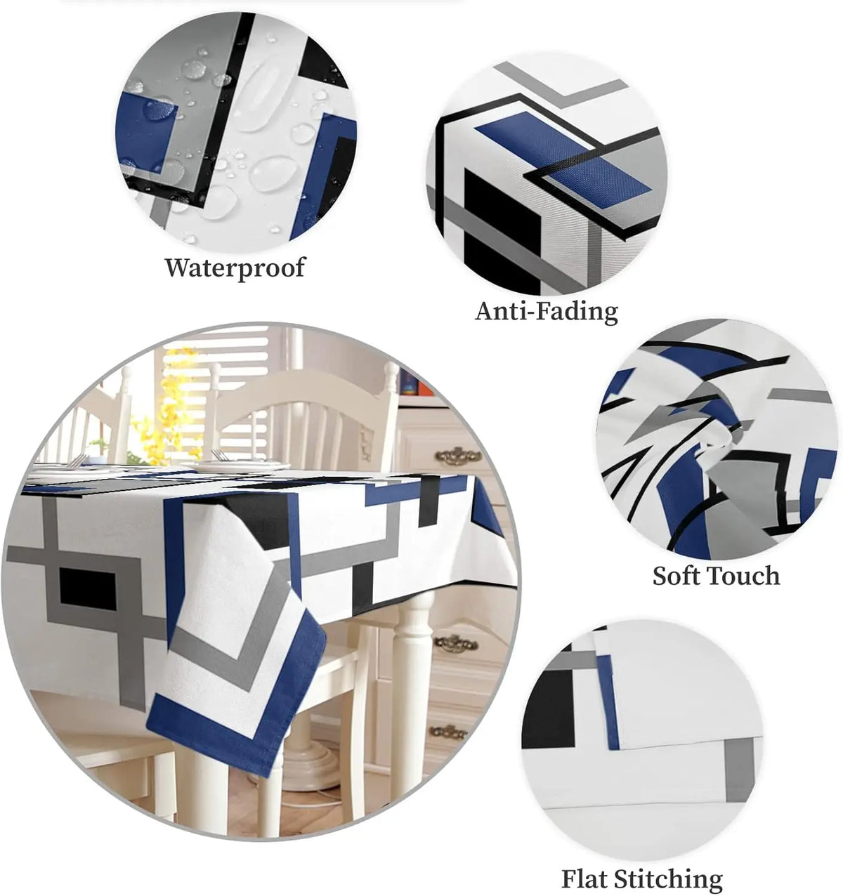 nappe table moderne géométrique bleu noir blanc rectangle réutilisable polyester at dining