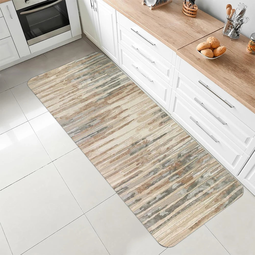 tapis sol moderne rayures horizontales beige gris bleu motif bois vieilli antidérapant intérieur