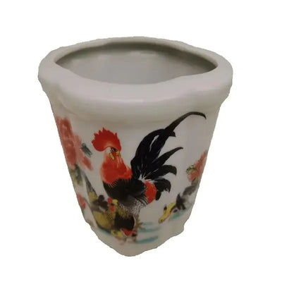 Pot de fleur porcelaine imitation antique coq et poussin blanc rose