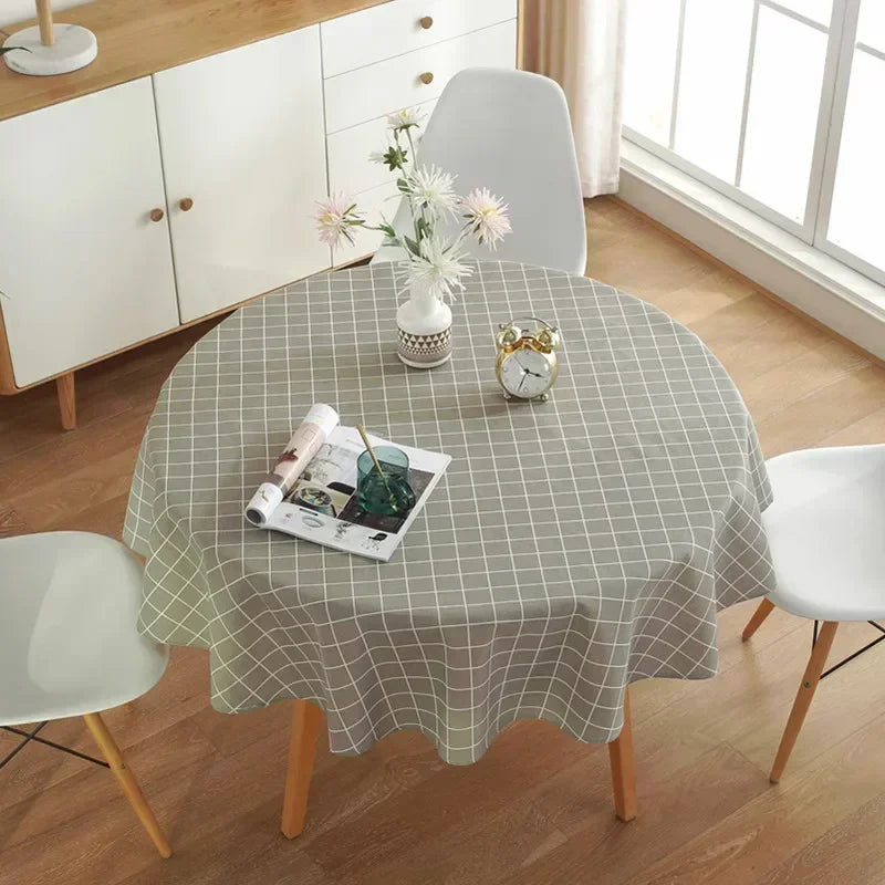 nappe table ronde motif géométrique moderne jaune gris bleu vert blanc décoration maison