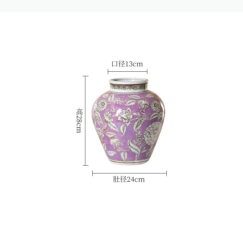vases chinois classiques violet blanc motifs fleurs vertes opaques arrangement