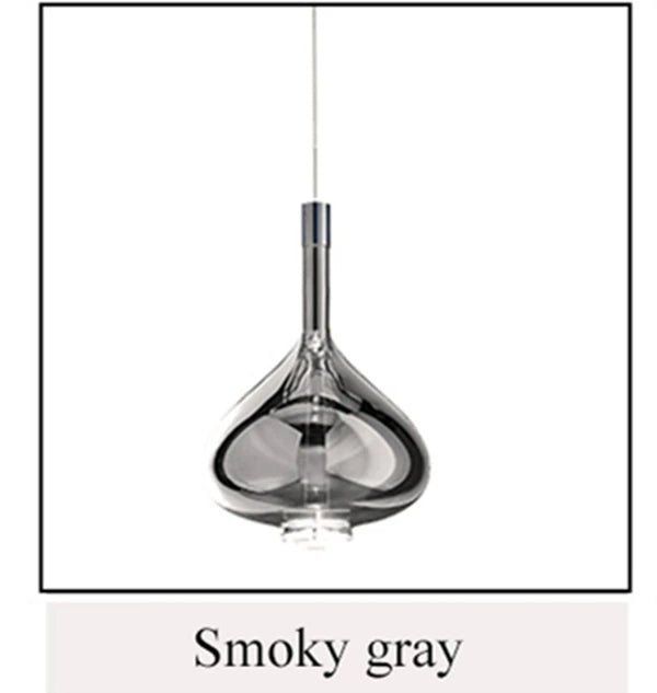 lampe suspendue moderne rose transparent fumé gris goutte forme allongée industriel fil apparent métal