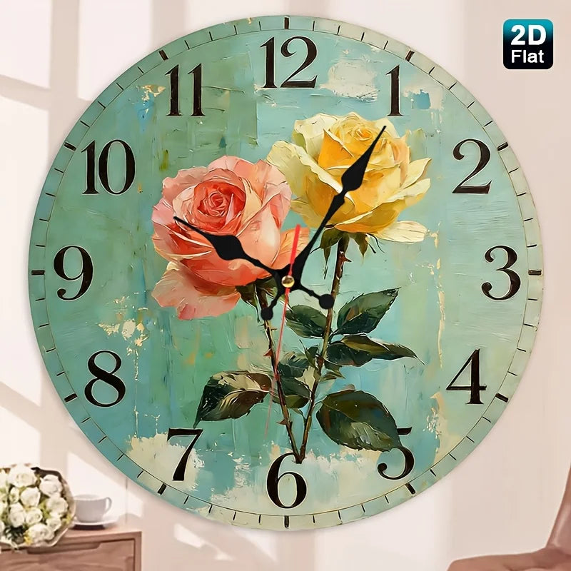 horloge murale bois fleurs roses vintage aiguille circulaire 25cm étude déco maison