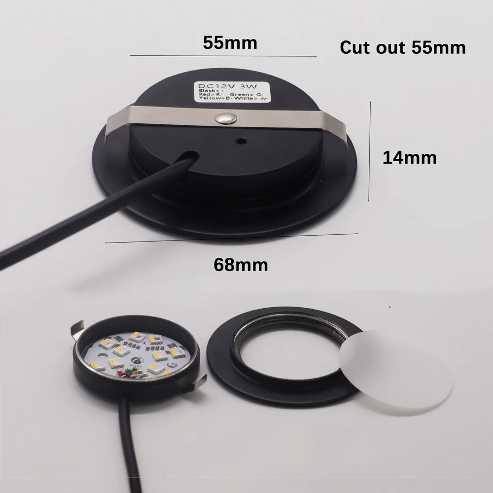 Spot LED rond RGBW 12V blanc noir argent nickel adhésif moderne chambre étude camping
