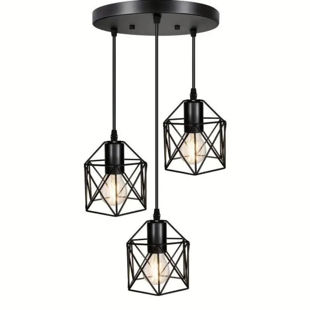 suspension industrielle moderne trois lumières abat jours métalliques noir doré adjustable