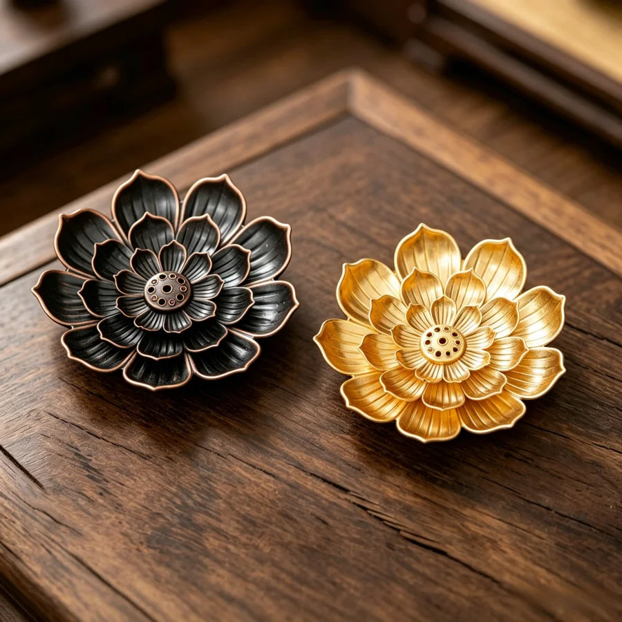 support incense lotus métal noir bronze doré décoration zen floral aromathérapie
