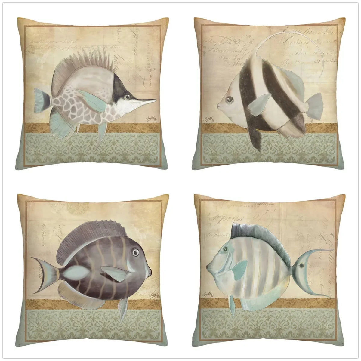 coussins carrés vintage poissons bleu gris beige coussin lin décor maison sofa voiture