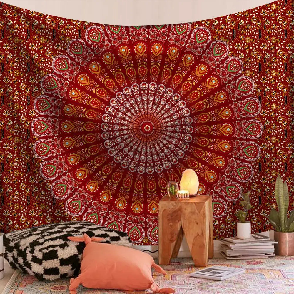 tapisserie murale mandala bohème bleu orange noir éléphant géométrique polyester rectangle