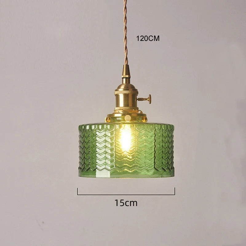 luminaire suspension vintage verre vert doré rayures verticales rétro suspension salon salle manger