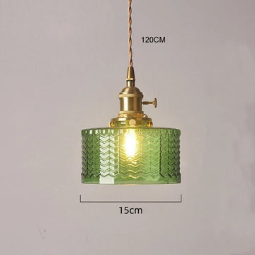 luminaire suspension vintage verre vert doré rayures verticales rétro suspension salon salle manger