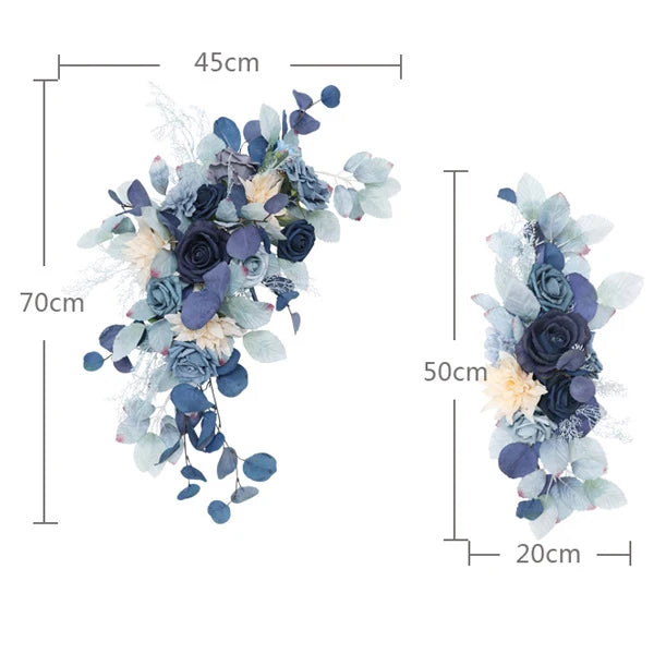 arche mariage fleurs artificielles bleu blanc feuilles vertes tissu translucide naturel romantiqueextérieurDecorationBoho