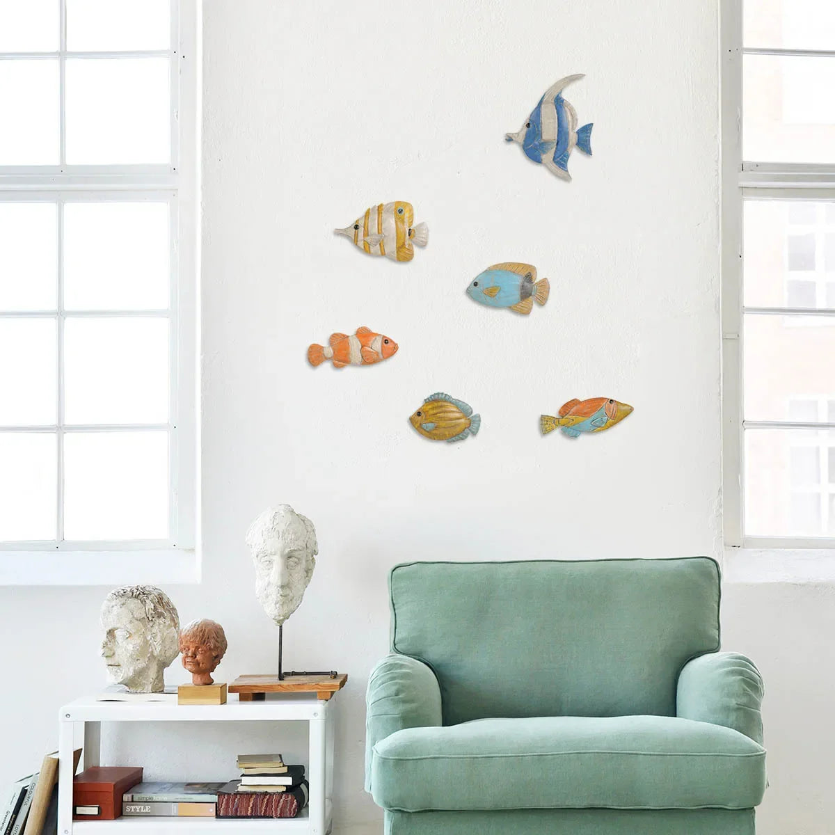 sculpture poisson métal bleu blanc jaune artisanal décoratif mur opacité