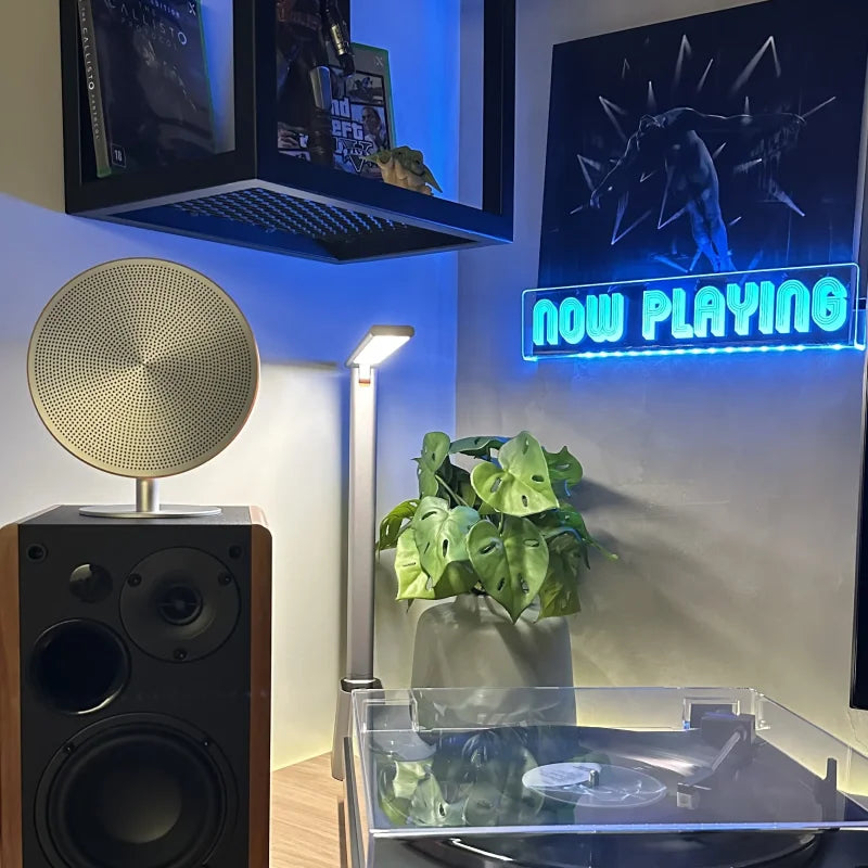 enseigne lumineuse néon now playing bleu clous câble usb interrupteur réutilisable salon