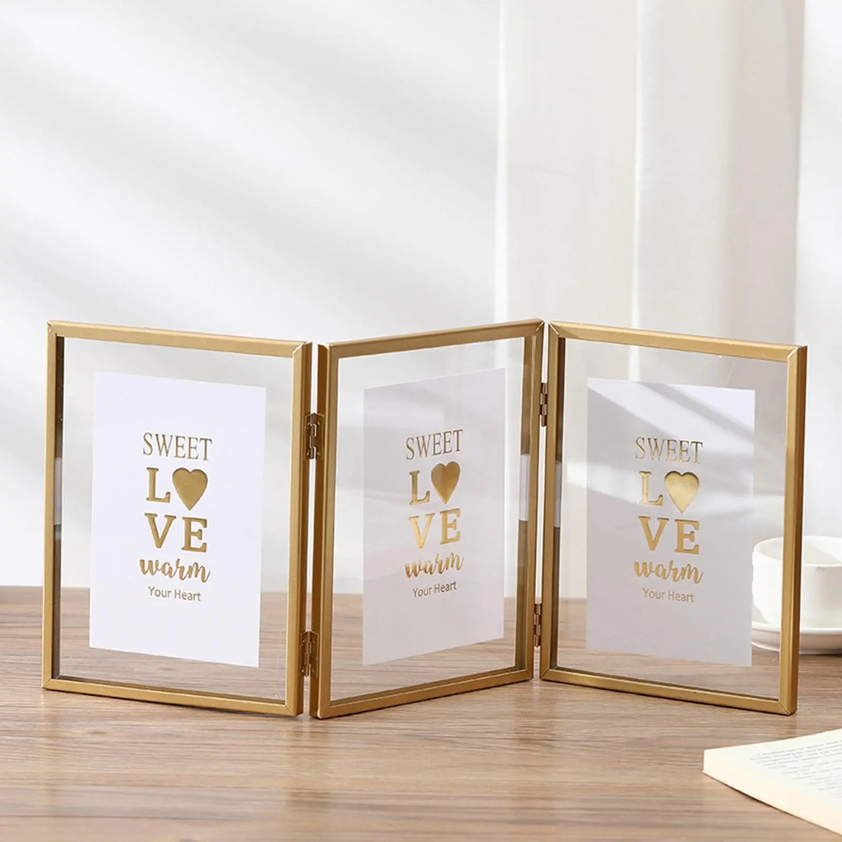 cadre photo or moderne triple transparent charnières papier motif cœur