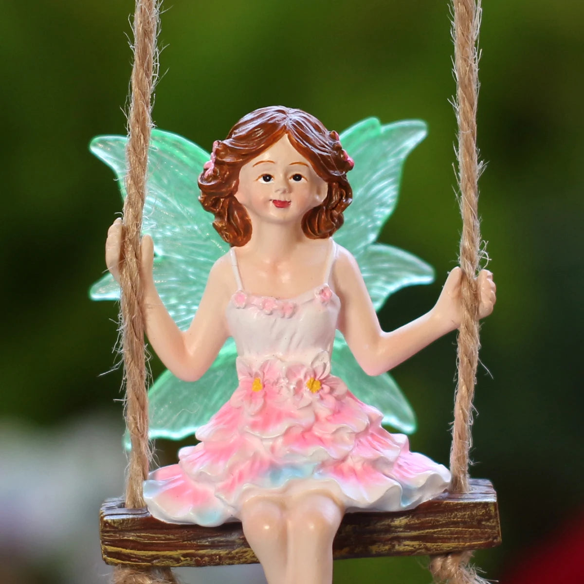 figurine fée rose ailes translucides balançoire bois miniature fantaisieextérieur jardincadeau fantaisiste volants ondulés