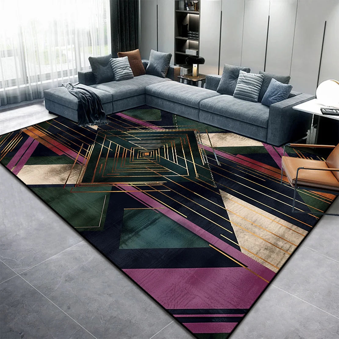 Un tapis aux motifs géométriques colorés, évoquant un style art déco moderne, ajoutant une touche de sophistication et d'élégance à cette pièce.