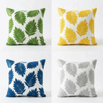housse coussin brodée motif feuilles moderne coton polyester vert jaune bleu gris 45x45cm