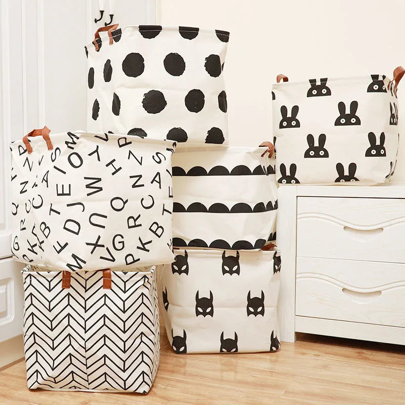 panier rangement pliant lin blanc noir rayures lettres poignées cuir moderne
