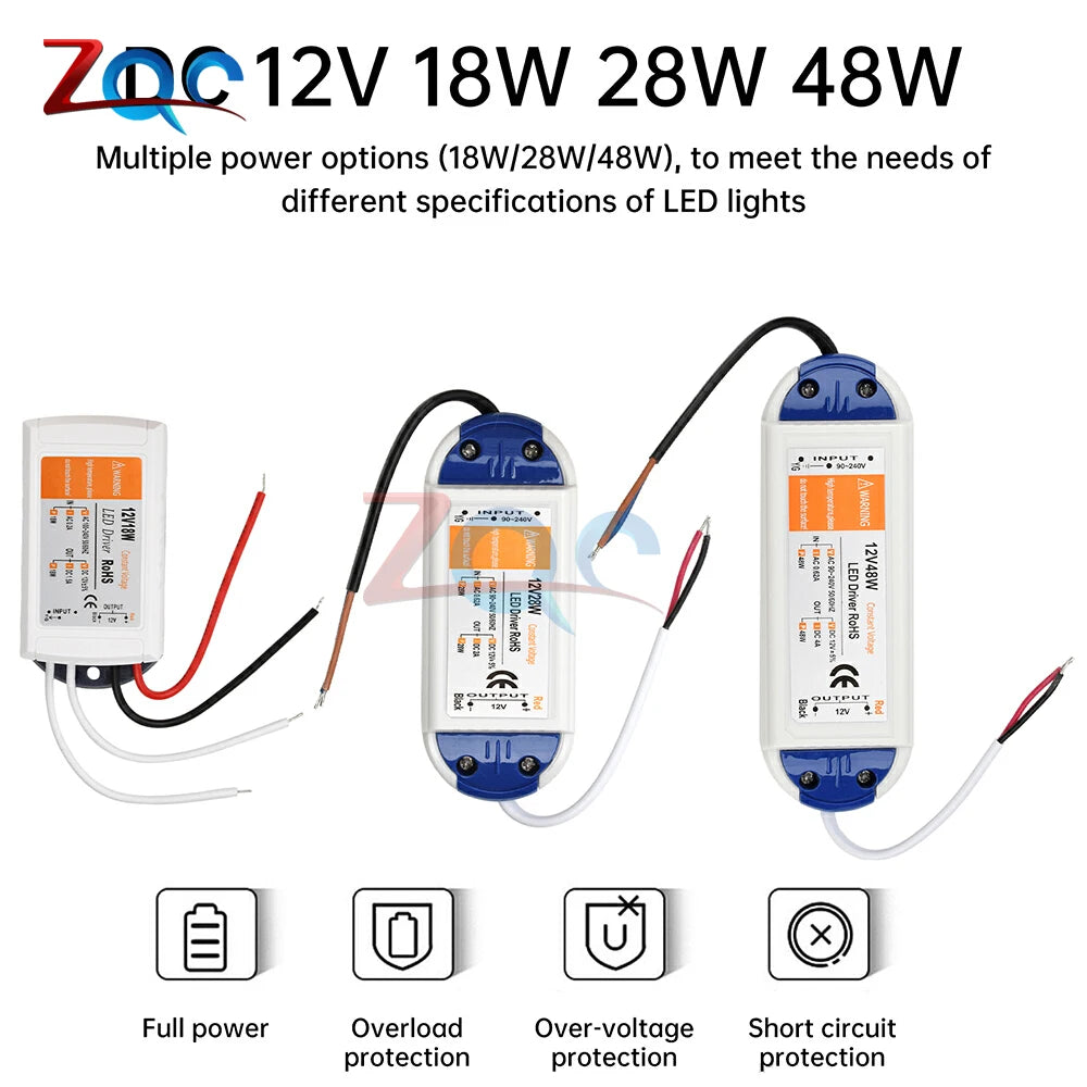 transformateur led 12v alimentation 18w 28w 48w blanc bleu adhésif câbles noirs blancs moderne