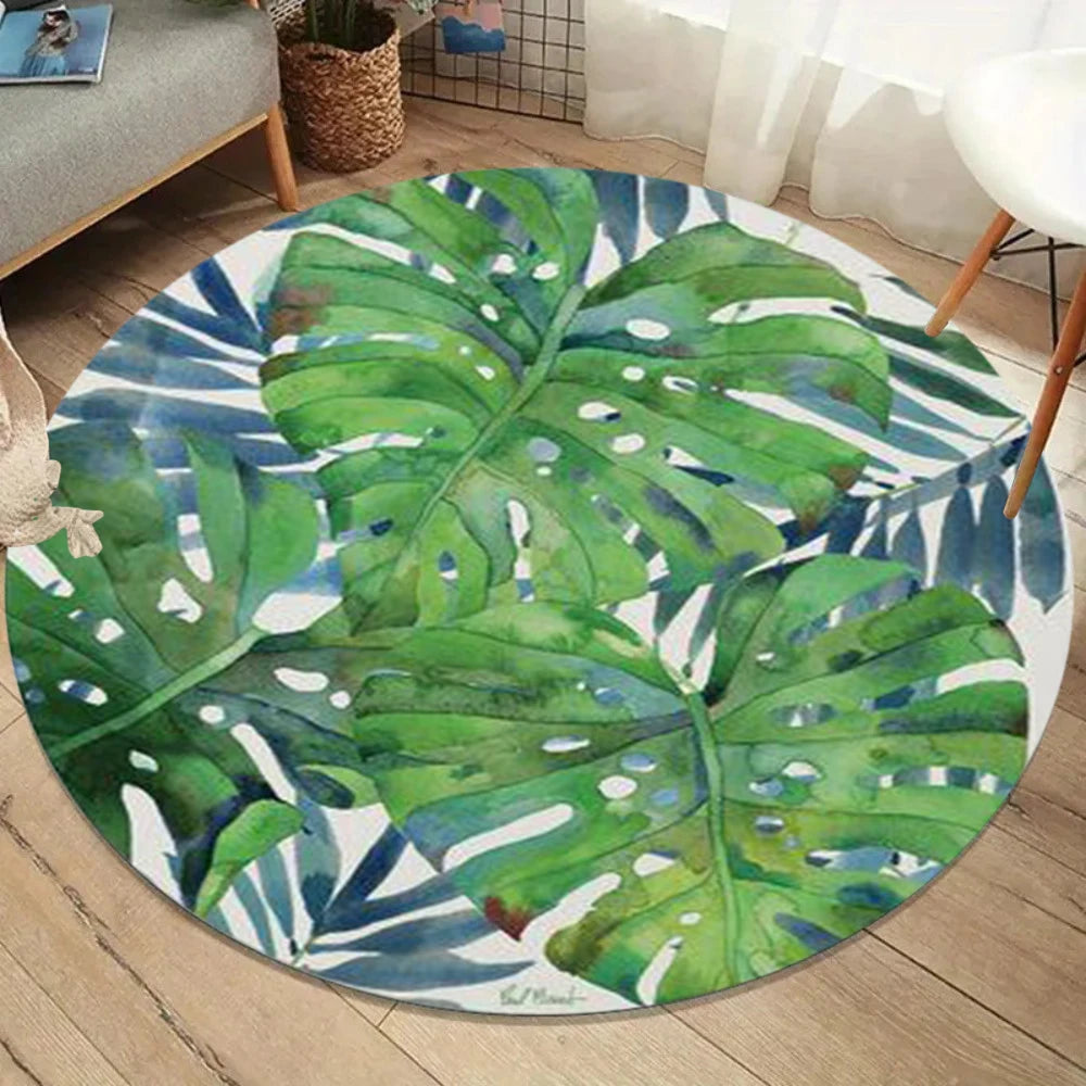tapis rond moderne vert beige gris motifs feuilles tropicales geometriques salon chambreextérieur sdb 80x80cm