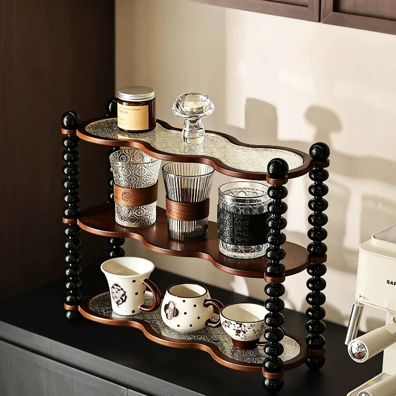 étagère bois cuisine deux niveaux moderne verres tasses rangement transparents opaques