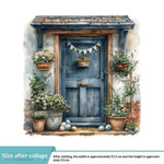 autocollant mural vintage paysage fenêtre volets bleus plantes vertes guirlande fleurs chat niche naturel