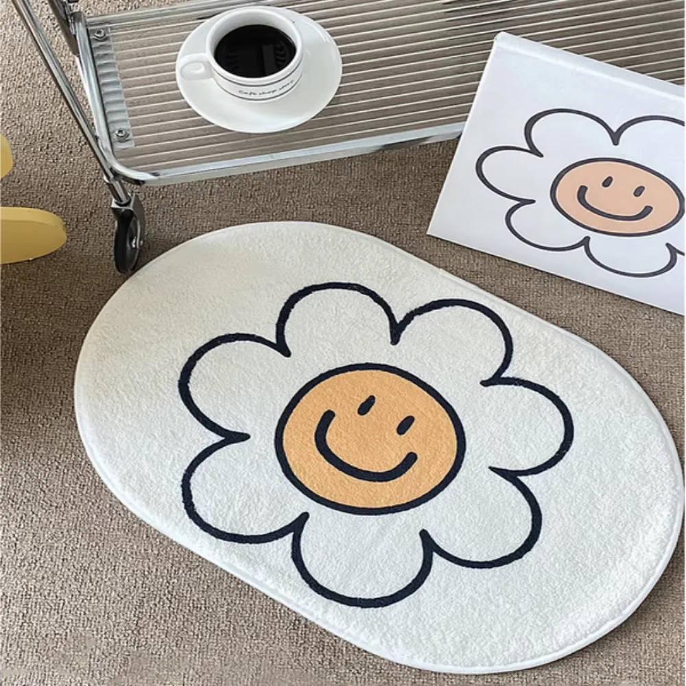 tapis moderne imperméable adhésif proteger resistant decolore sourire fleur chambre salon blanc beige orange
