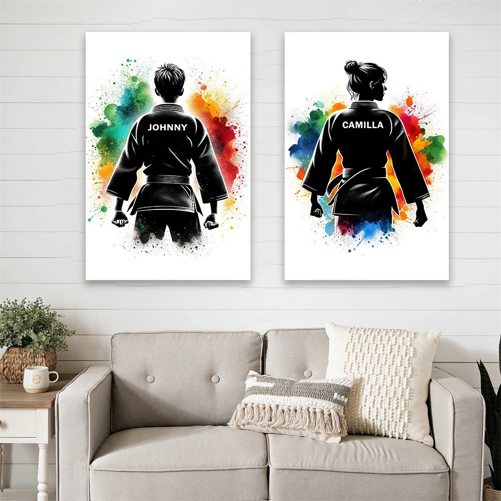 tableau toile judo personnalisé silhouette kimono sport art mural chambre enfant fille moderne