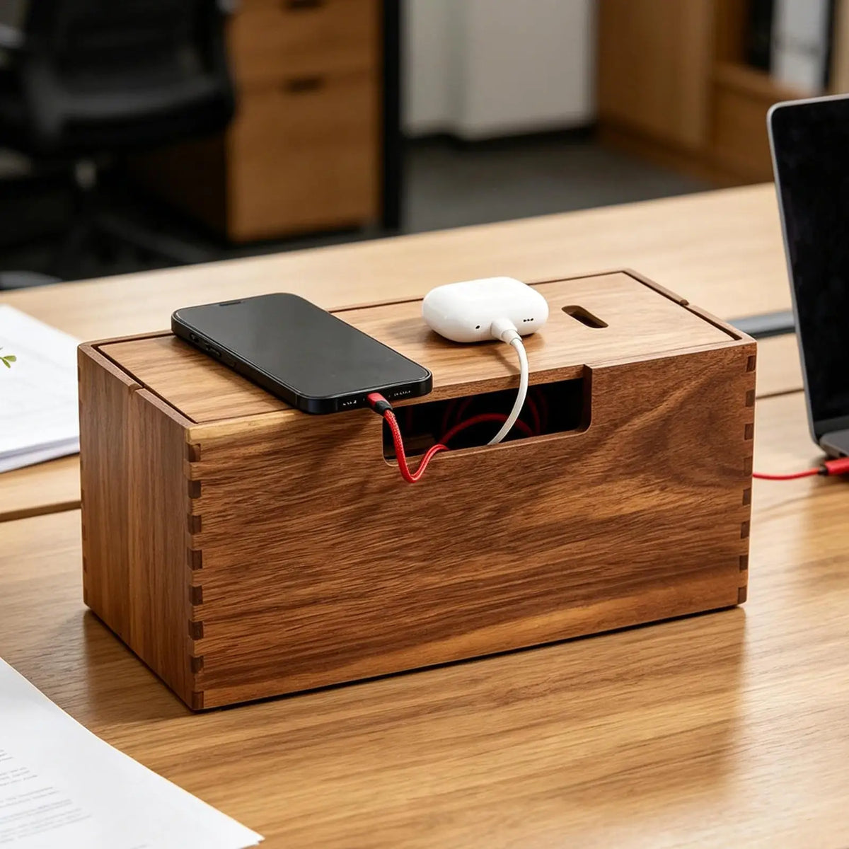 boîte rangement câbles smartphone chargeur minimaliste moderne marron clair bois organisation sans fil eléctroniques