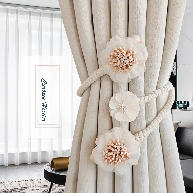 rideau polonais bohème fleurs coton corde tressée moderne attaches pompons transparent floral