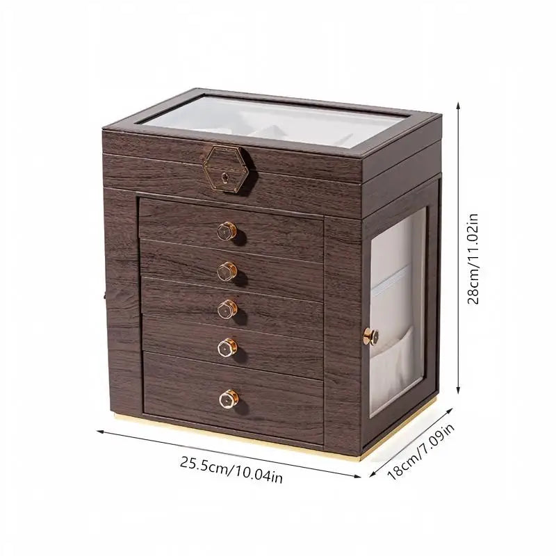 boîte bijoux multi niveaux marron foncé grain bois verre transparent poignées dorées élégante rangement