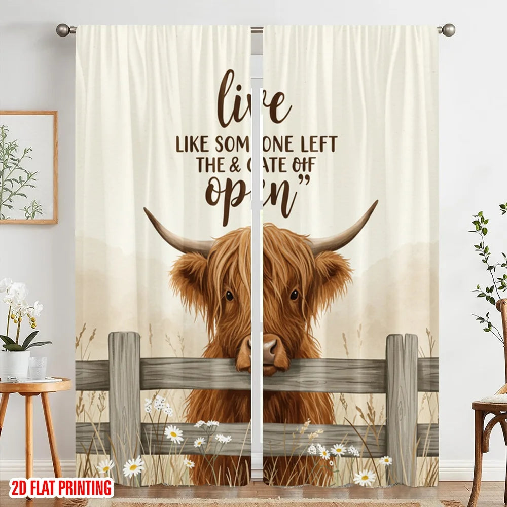 rideau moderne vache highland marguerites blanches tissu polyester beige brun gris blanc