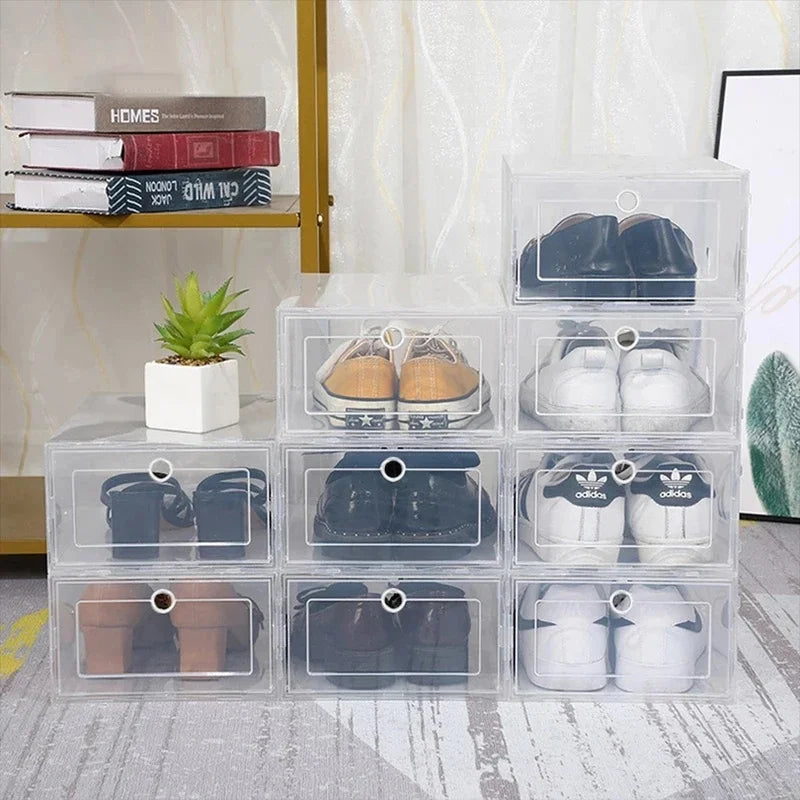 boîtes chaussures transparentes modernes pliables empilables anti poussière poignées incluses stockage ecofriendly