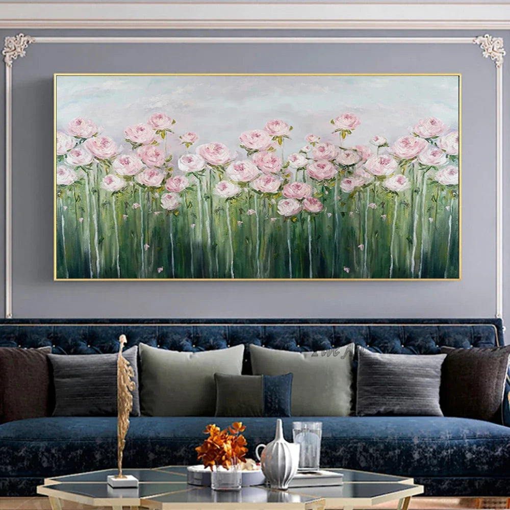tableau abstrait fleurs peinture acrylique toile horizontale rose clair vert gris