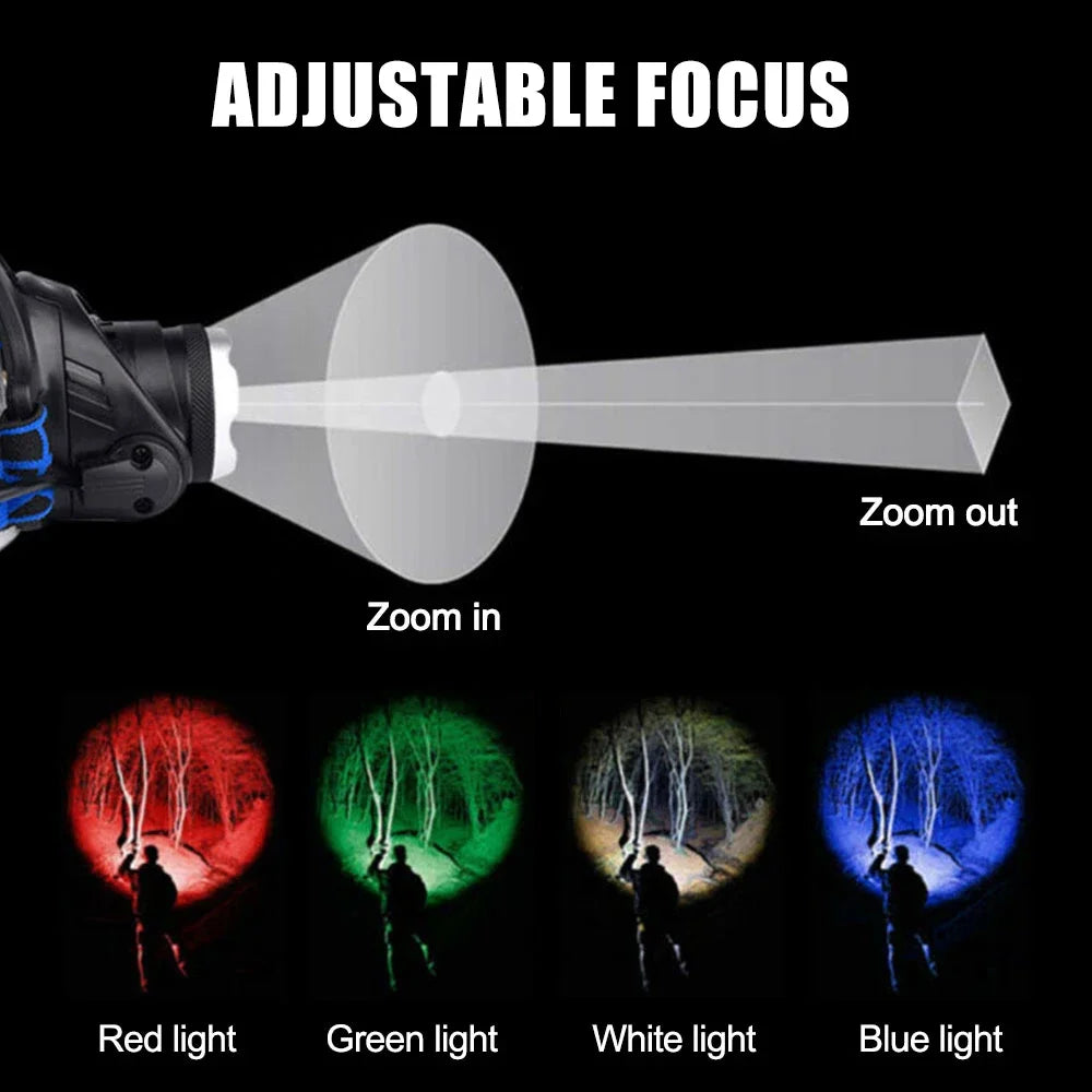 lampe frontale led noir bleu tissu logo clip verre transparent moderne camping