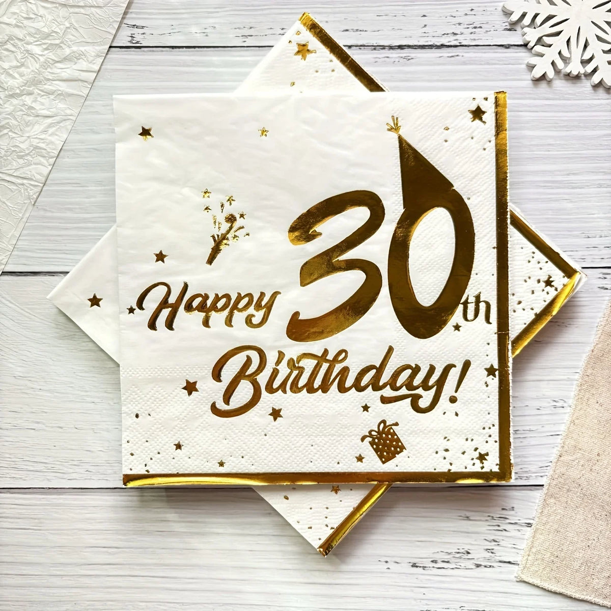 serviettes papier anniversaire blanc doré élégantes fêtes lettres étoiles chapeau cadeau festives
