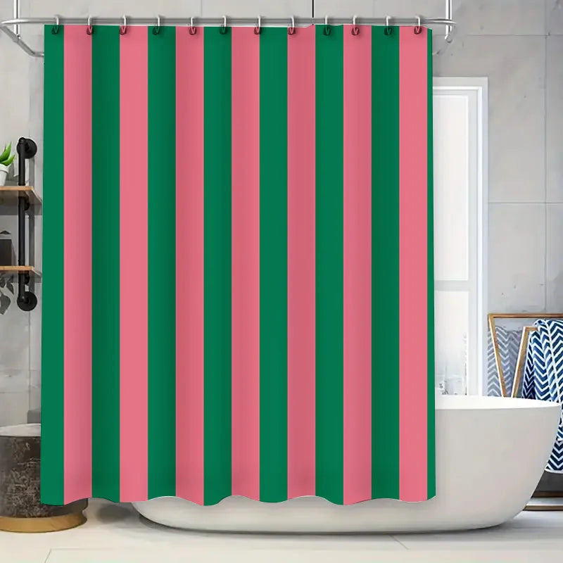 rideau douche moderne vert foncé rose rayures opacité imperméable tapis bain décoration chambre anneaux
