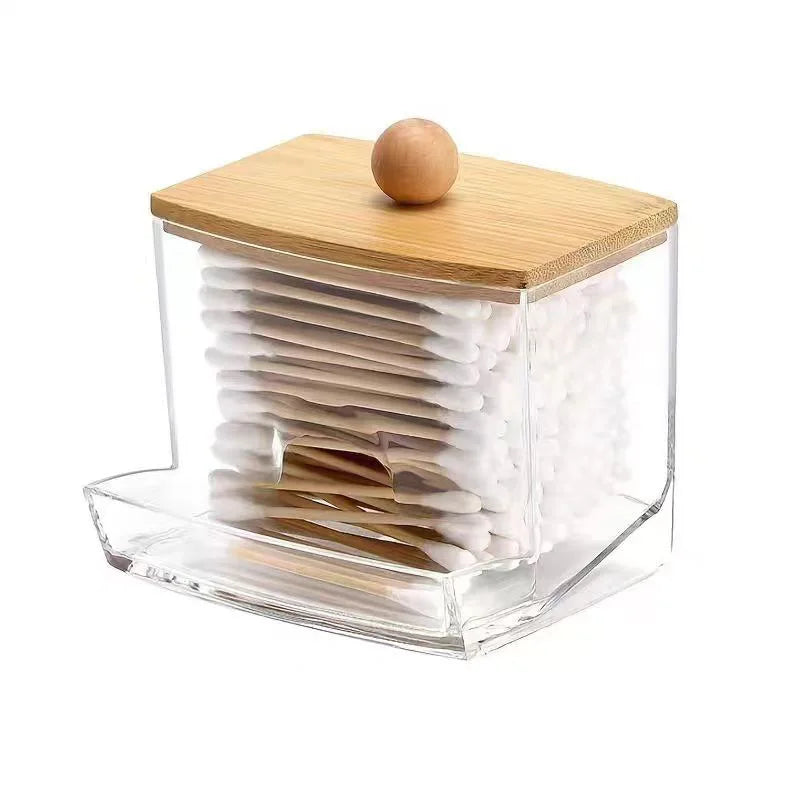 boîte rangement transparente bois coton tiges couvercle bambou moderne minimaliste anti poussière cosmétiques salle