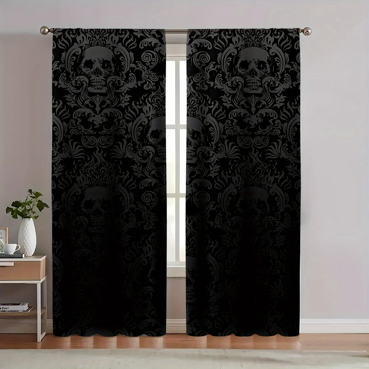 rideau gothique crânes stylisés noir gris opacité moderne deux panneaux polyester chambre bureauhôtel