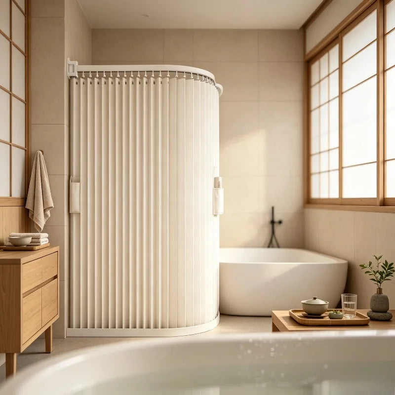 rideau douche pliable moderne beige clair rayures verticales opacité aimants