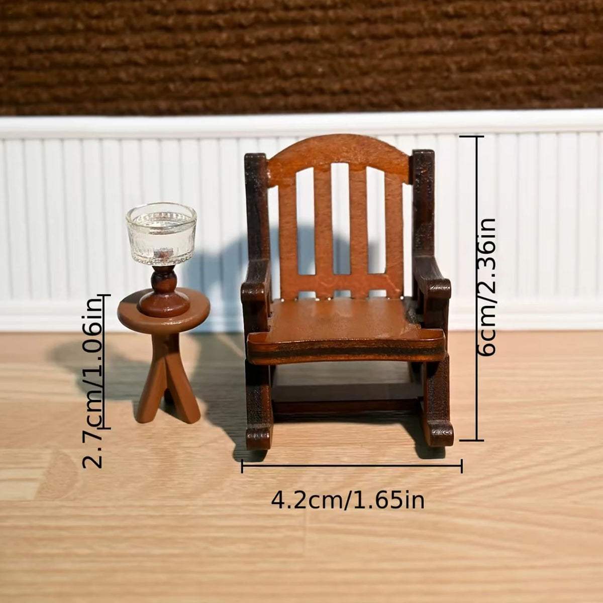 ensemble deco miniature chaise bascule table bibliothèque lumiere tapis tableau plante chambre rustique résine