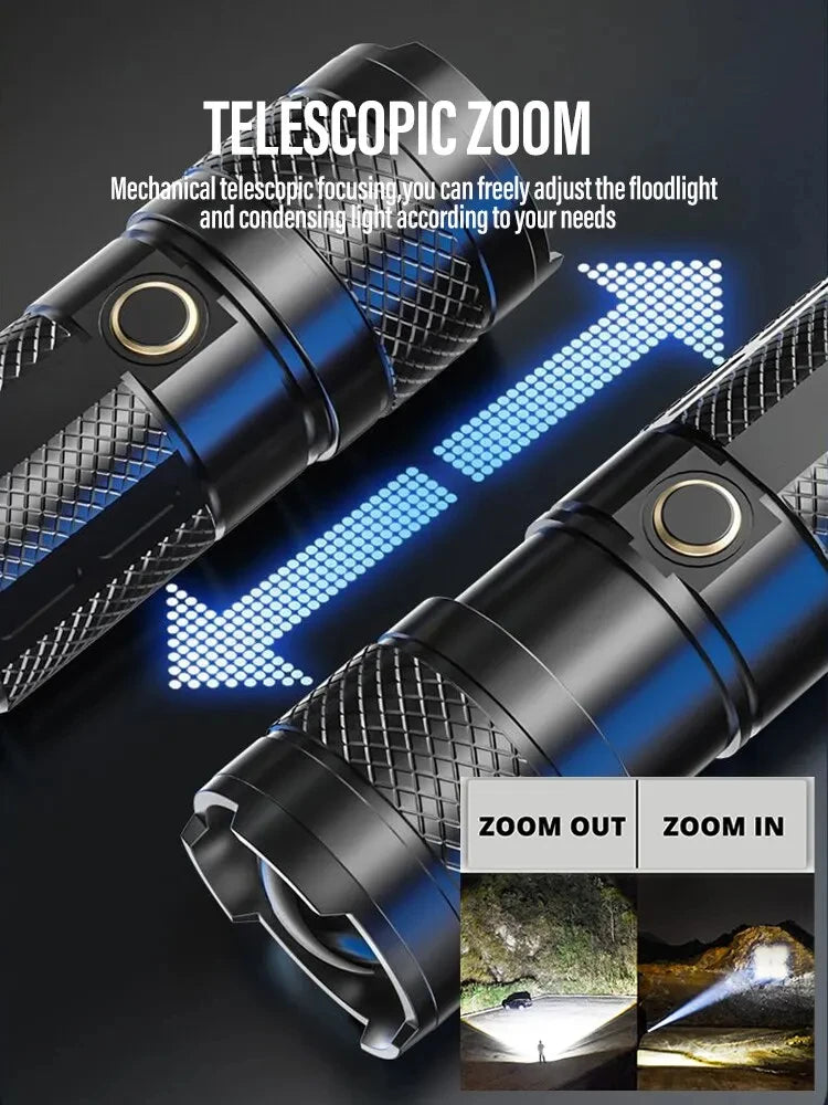 lampe poche led rechargeable modes éclairage distance 500mètres noir argenté moderne