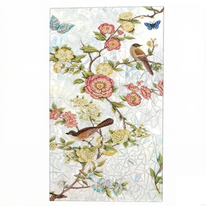 film décoratif fenêtre fleurs feuilles papillons moderne vert blanc jaune marron opacité adhésif