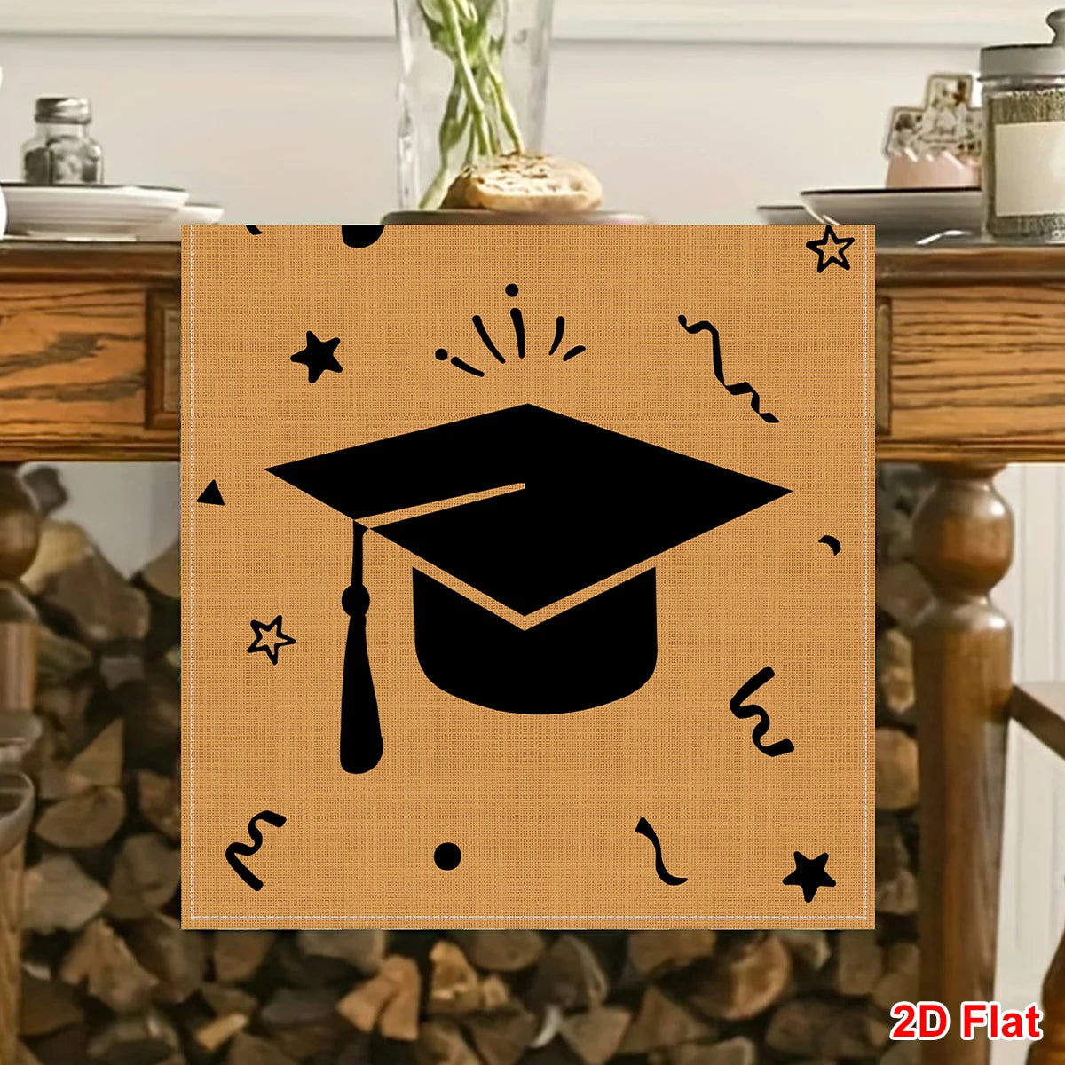 nappe table cérémonie remise diplômes motif chapeaux étoiles abstrait décoration fête graduation beige noir