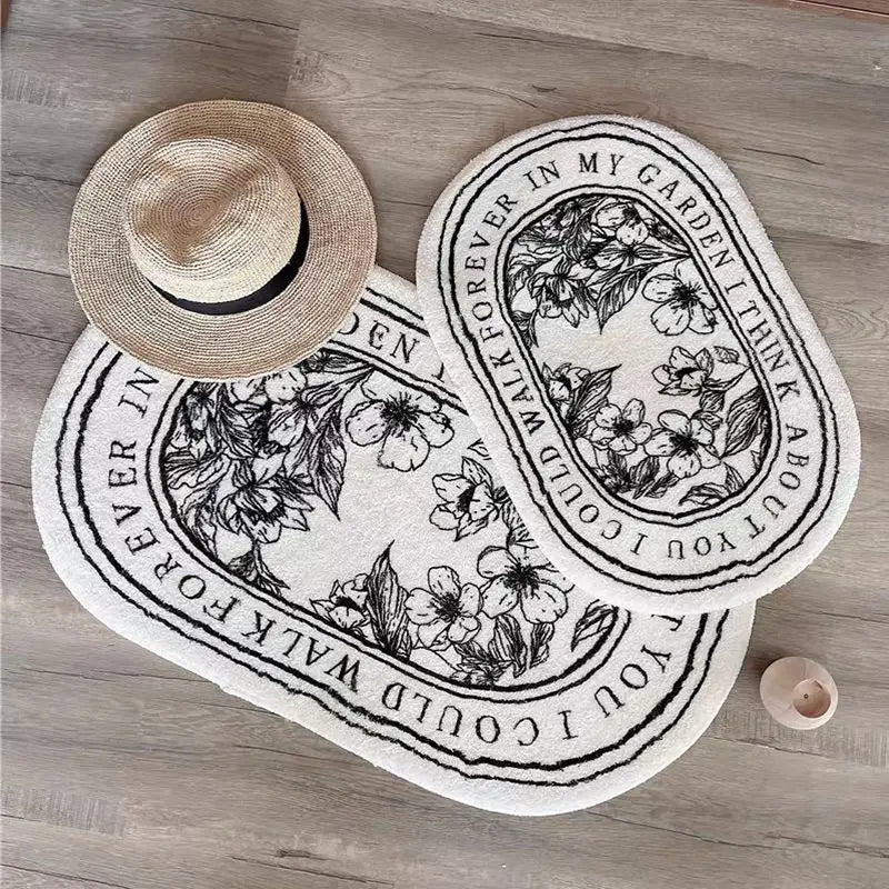 tapis bain antidérapant ovale motifs floraux blanc noir résistant antibactérie decorativeextérieur