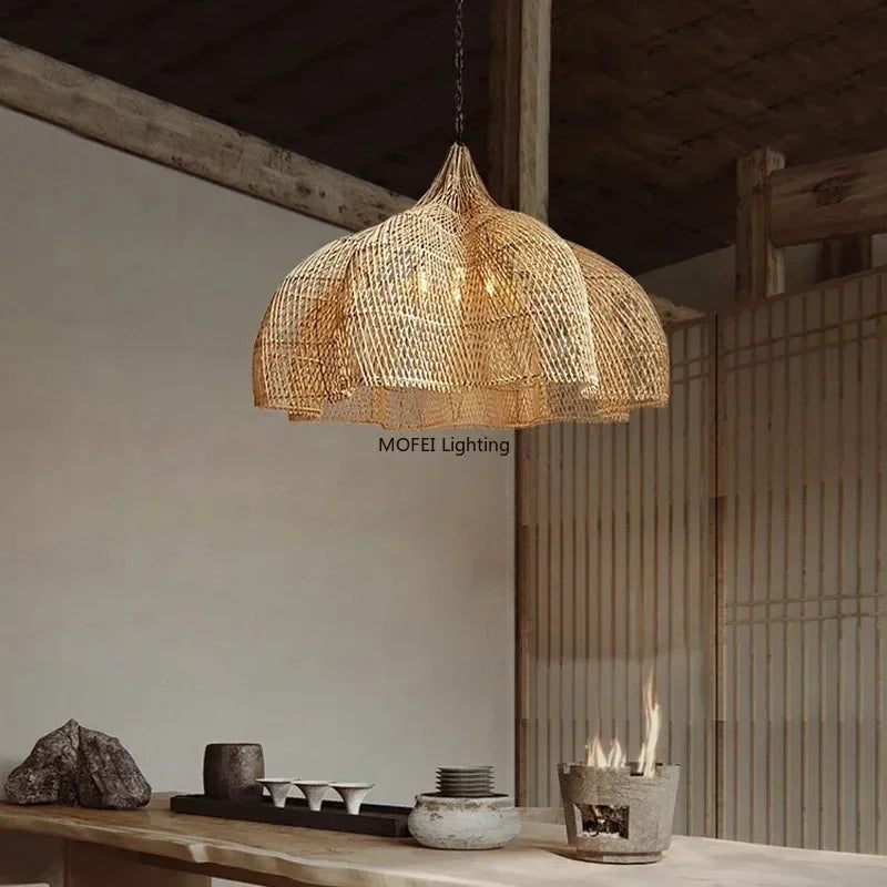 lampe suspendue rotin bois naturel rustique moderne salon cuisine lumière chaude