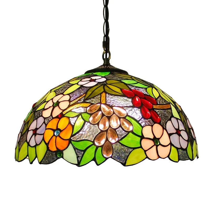 lustre suspendu tiffany verre coloré fleurs motif géométrique salon chambre bois rétro