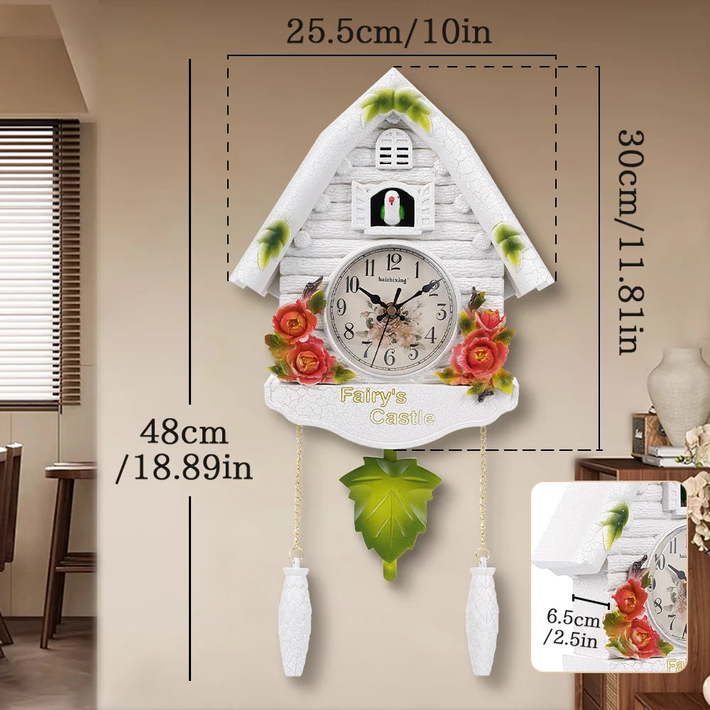 horloge murale vintage européen aiguille bois fleurs peintes blanc vert rouge salon chambre enfant