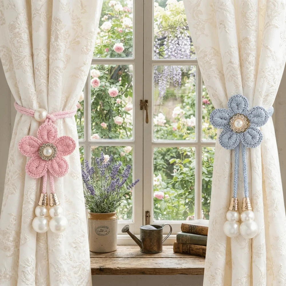boucles rideau fleurs brodées décoratives rose vert bleu jaune adhésif polyesters vintage
