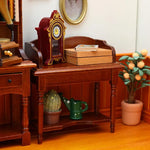 table toilette miniature 1/12 bois marron clair classique horloge livre cactus arrosoir